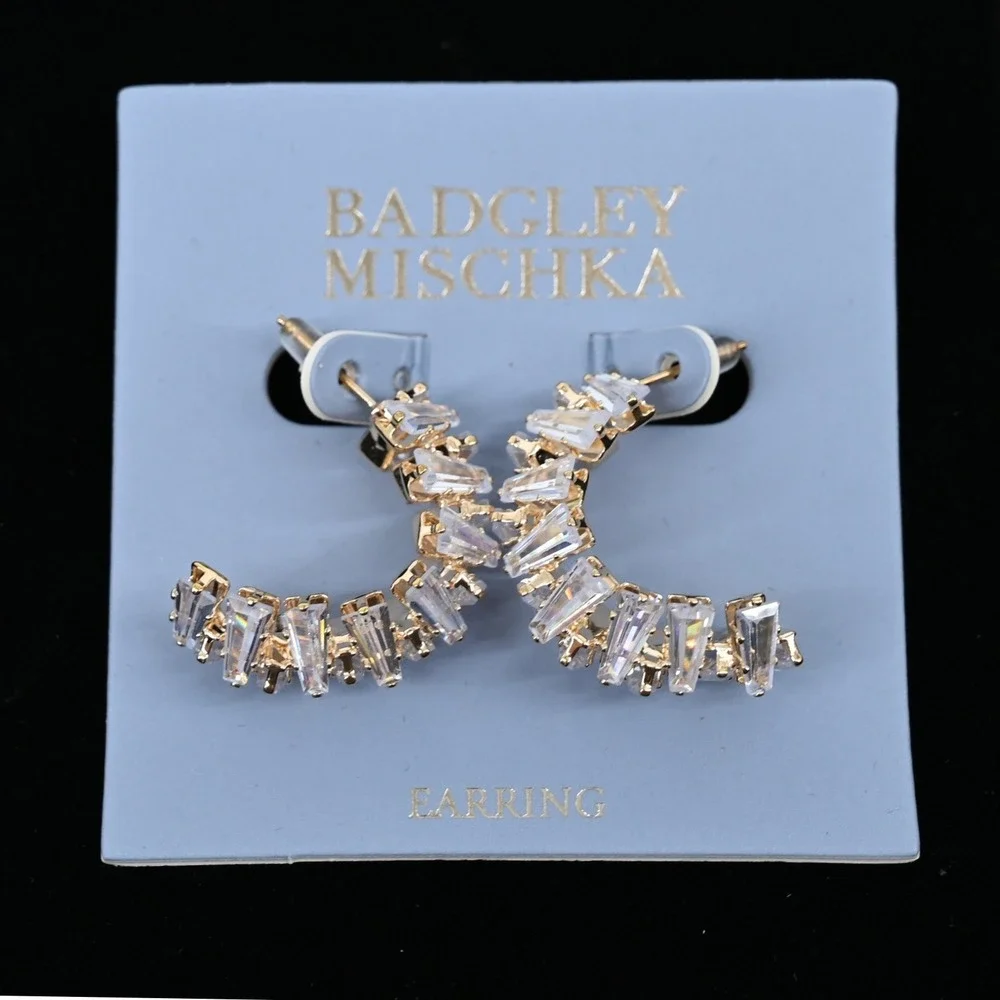 Badgley Mischka Gold Tone Baguette Cubic Zirconia Mosaic J-Hoop Earrings NWT